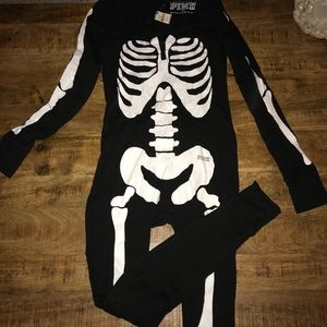 Skeleton, full body pajamas. Button up. Footless.